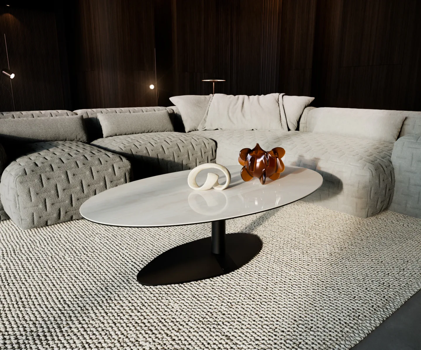 Couchtisch Edge Oval 140x80 cm Keramik Onyx Champagne Vibany Metall Schwarz