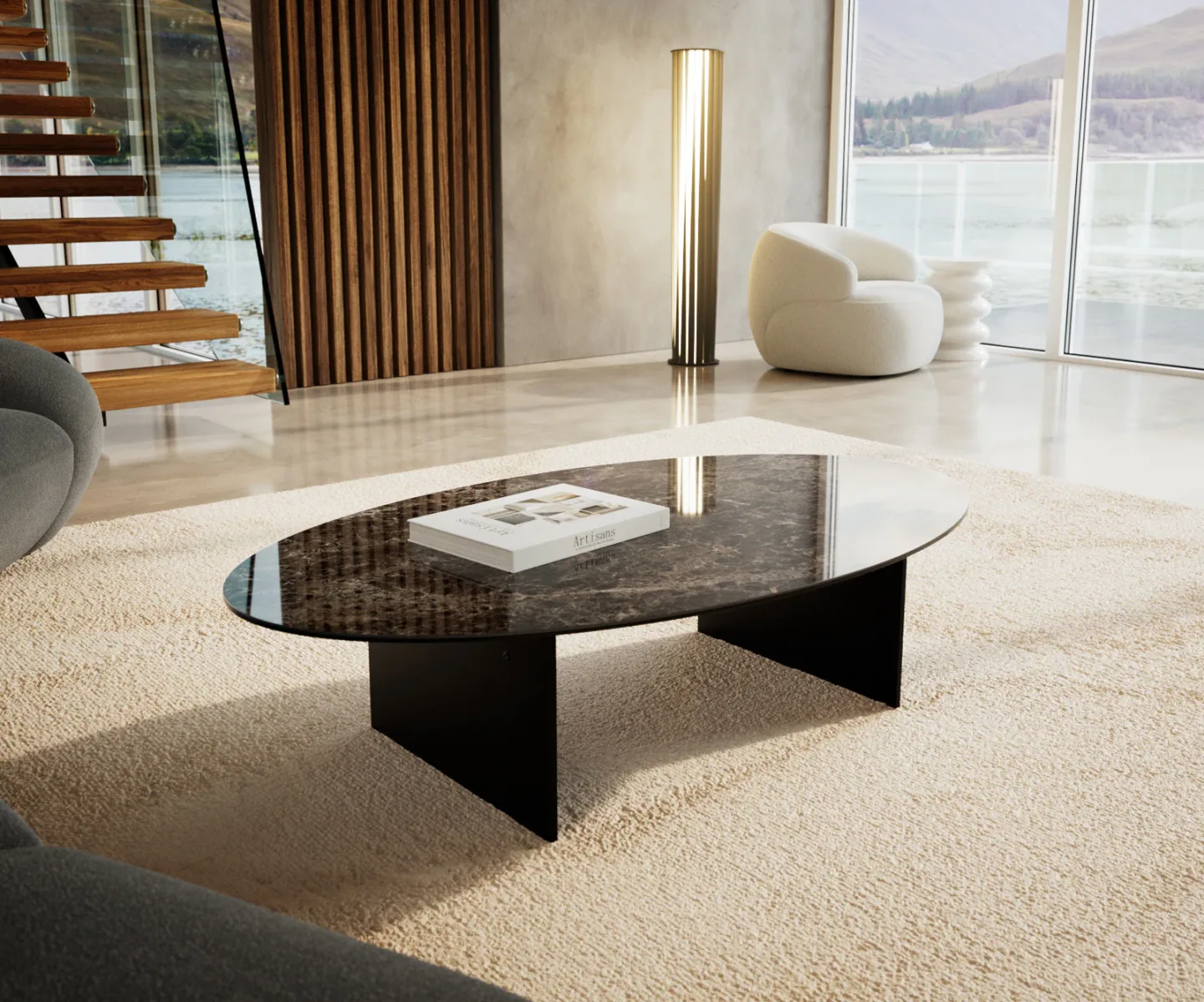 Couchtisch Edge Oval 140x80 cm Keramik Emperador Extra Lucidato Dunkelbraun Salto Metall Schwarz