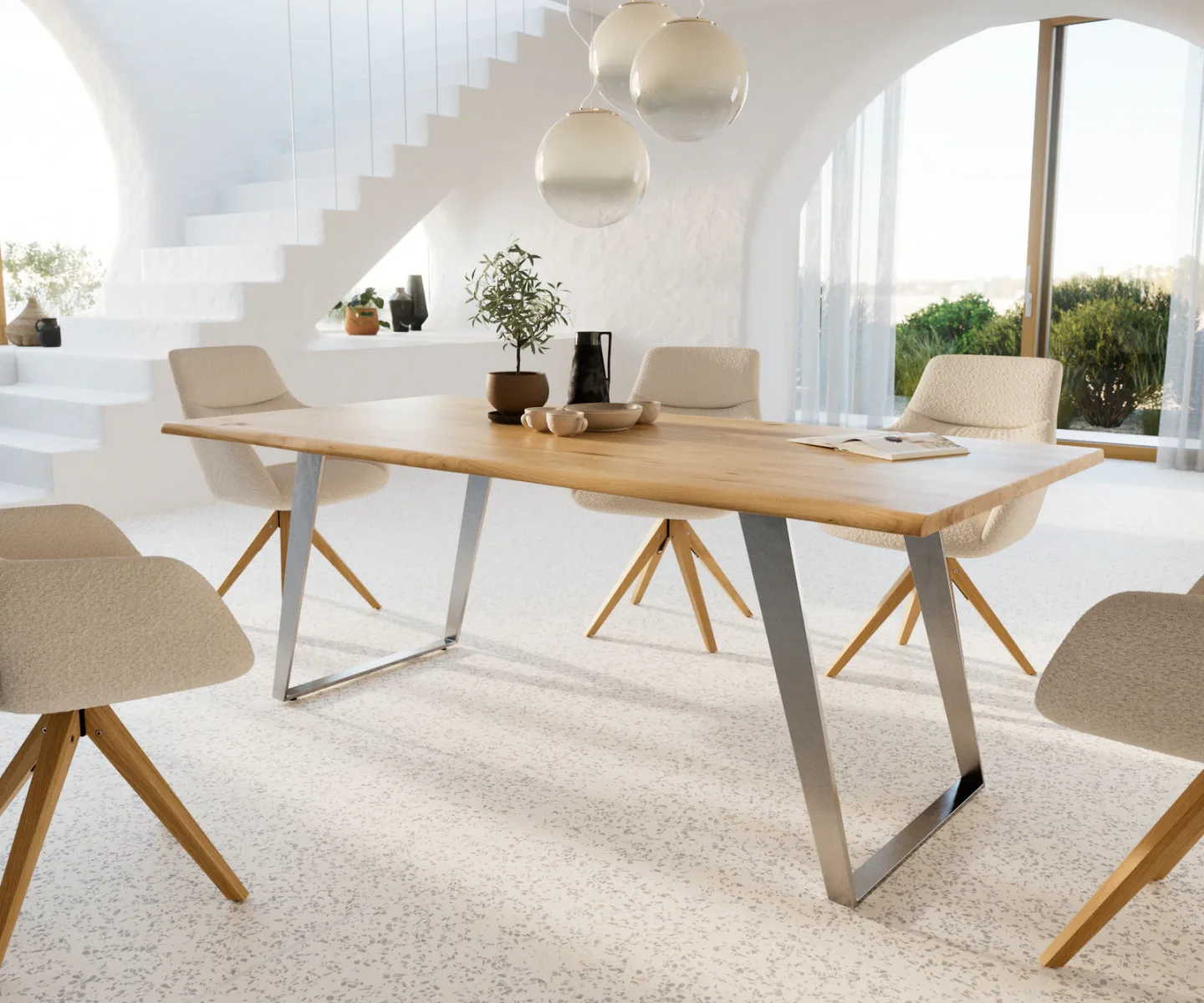 Esstisch Edge 200x100x2,5-3 Eiche Natur Edelstahl Schräg Live-Edge