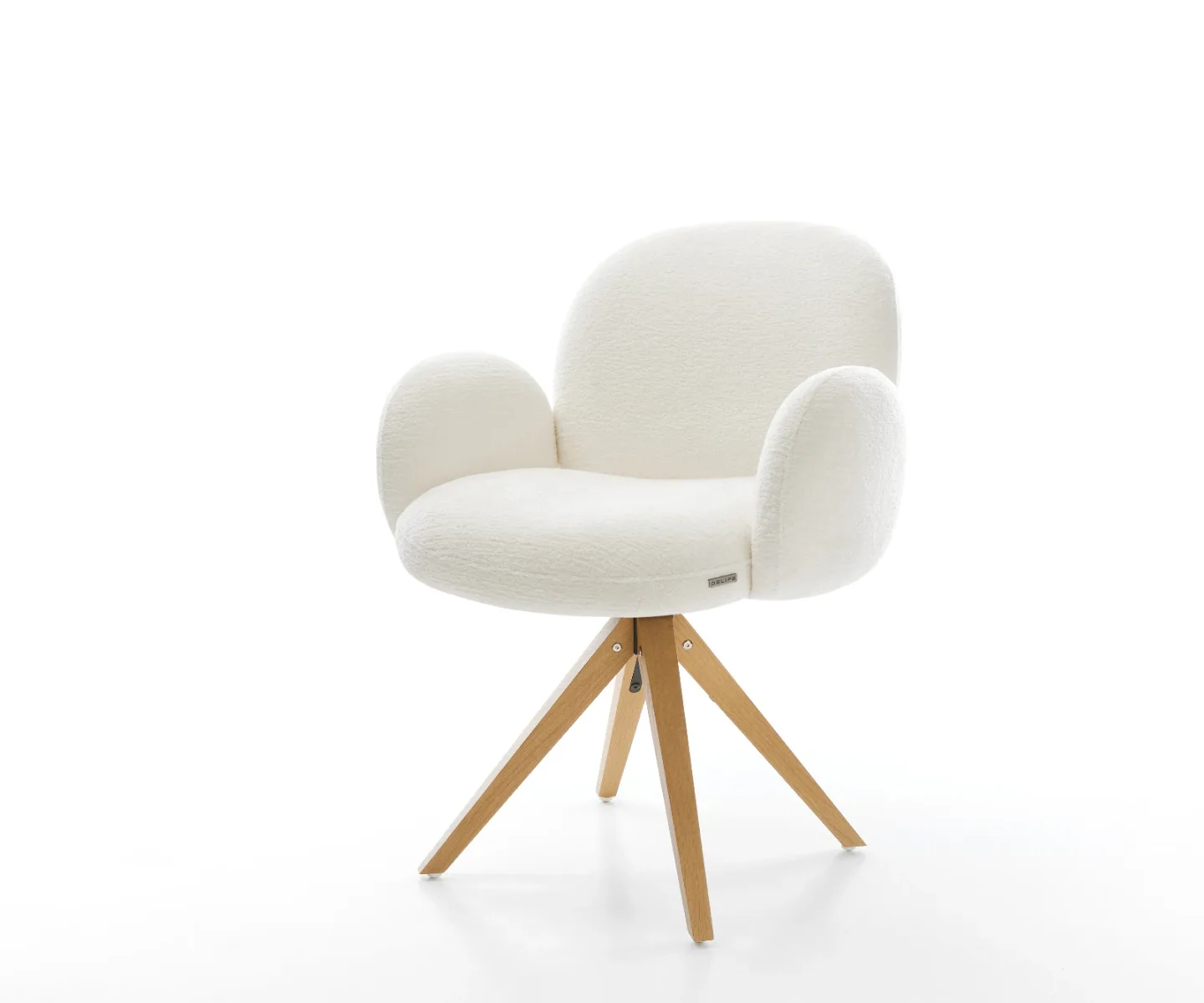 Drehstuhl Nube-Flex mit Armlehnen Bouclé Soft Beige Holzgestell kantig Natur 360° drehbar Taschenfederkern