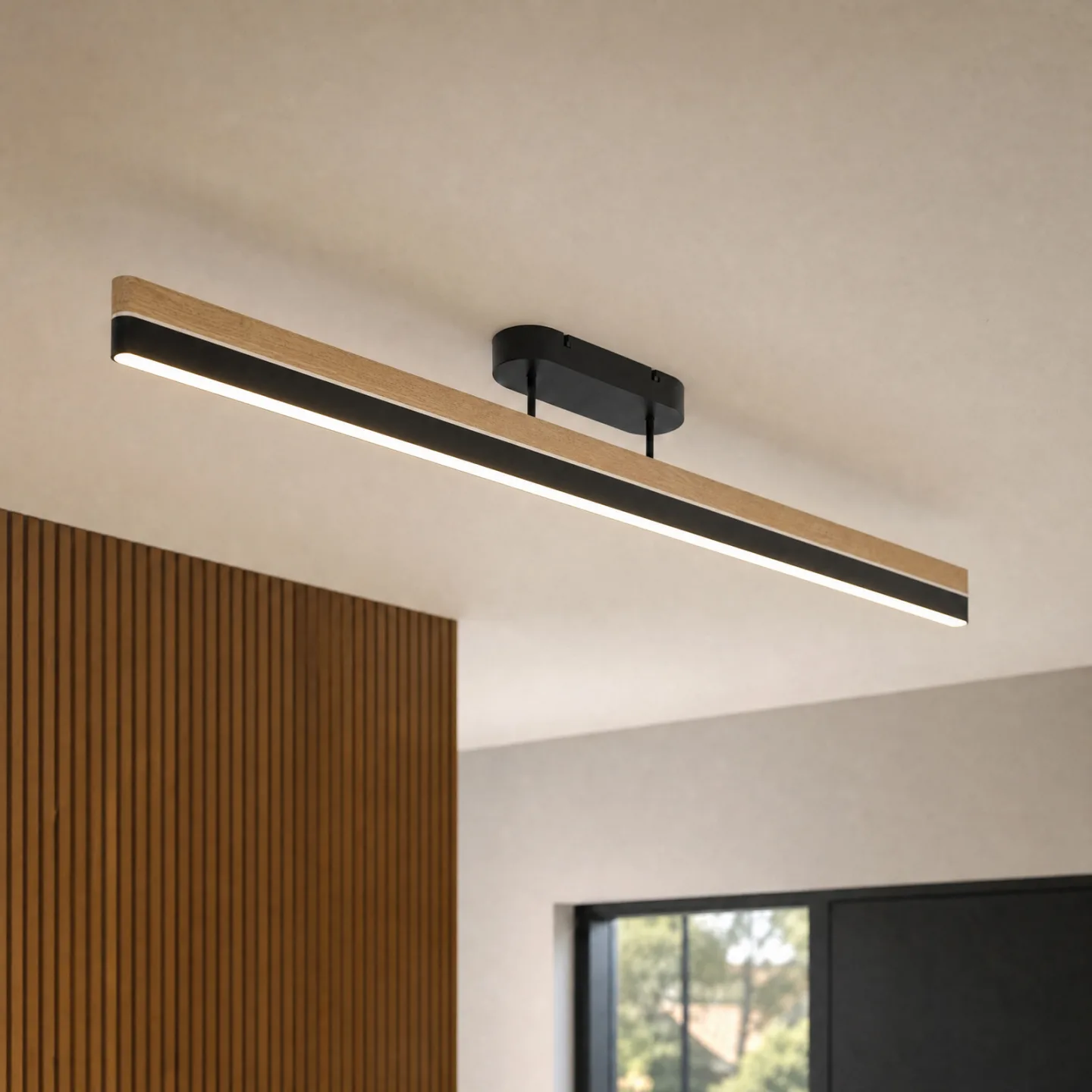 LED-loftlampe Holven, 113 cm, sort/træ, dæmpbar, CCT – Lucande - Stue - Moderne - Lineær