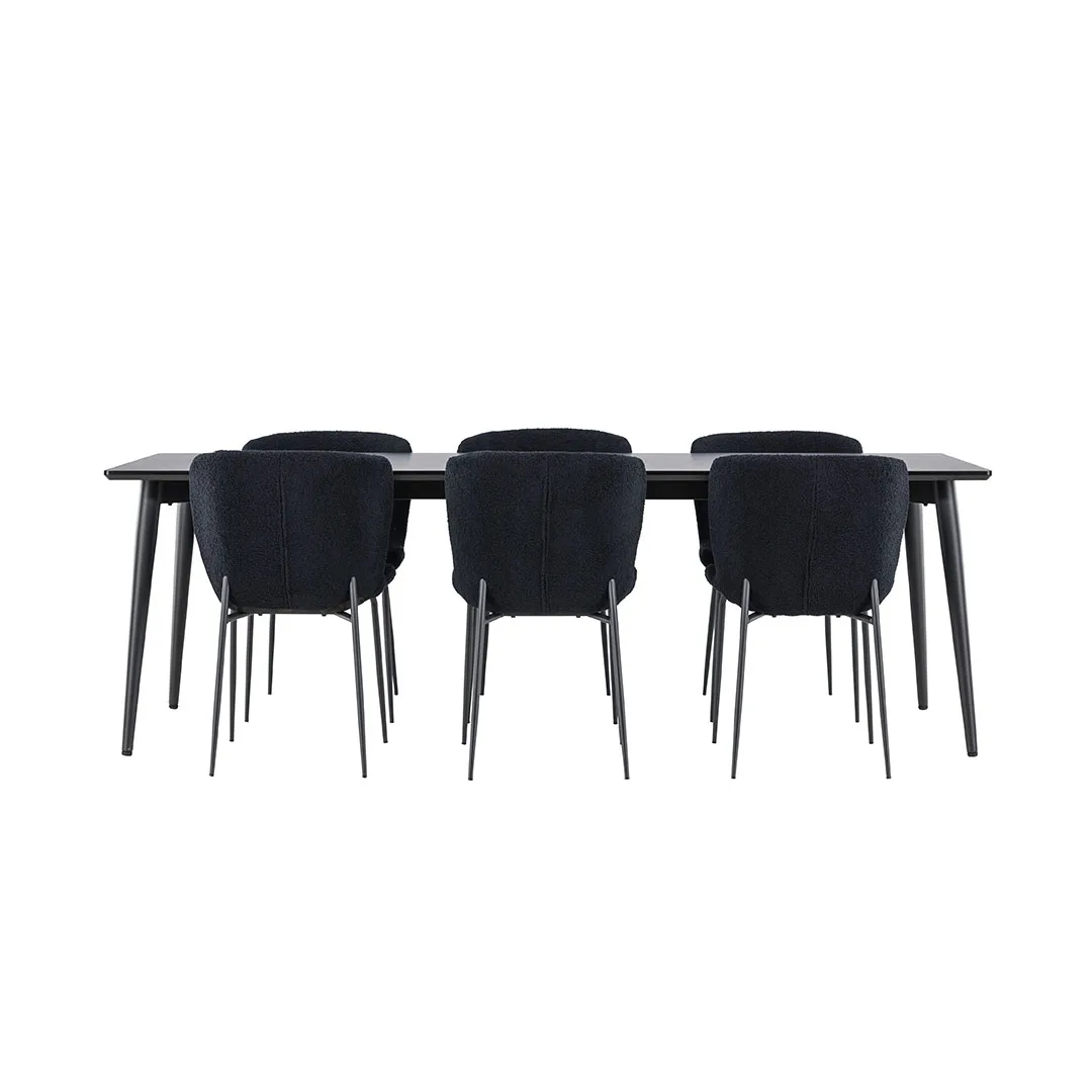 Ellis Essgruppe Tisch 85x230cm und 6 Teddy Stühle schwarz.