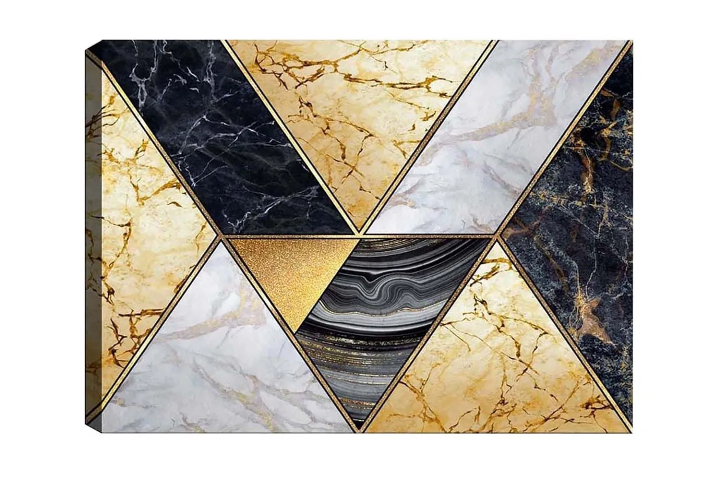 Canvastavla - Geometrisk komposition med marmorliknande trianglar i olika färger - Guld / Svart / Vit