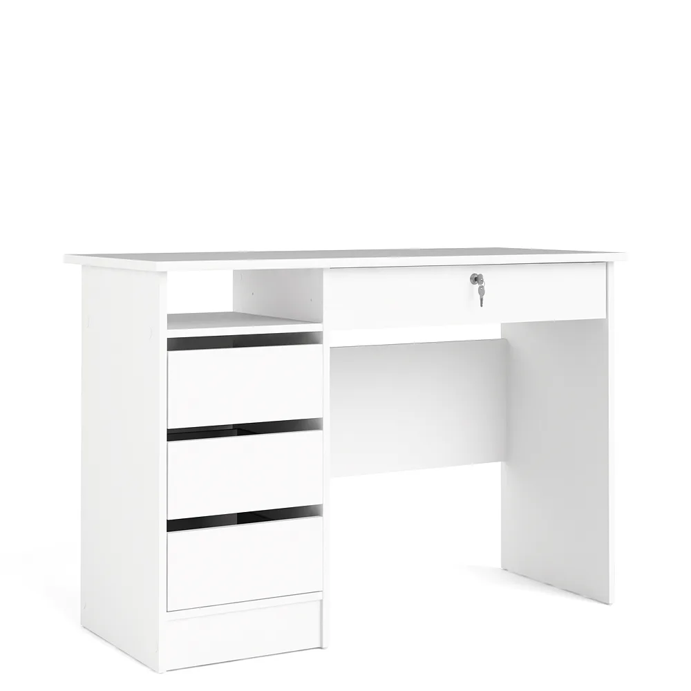 Plus Schreibtisch mit 1 Regal, 3 kleinen Schubladen und 1 großen Schublade mit Schlüssel, weiß.