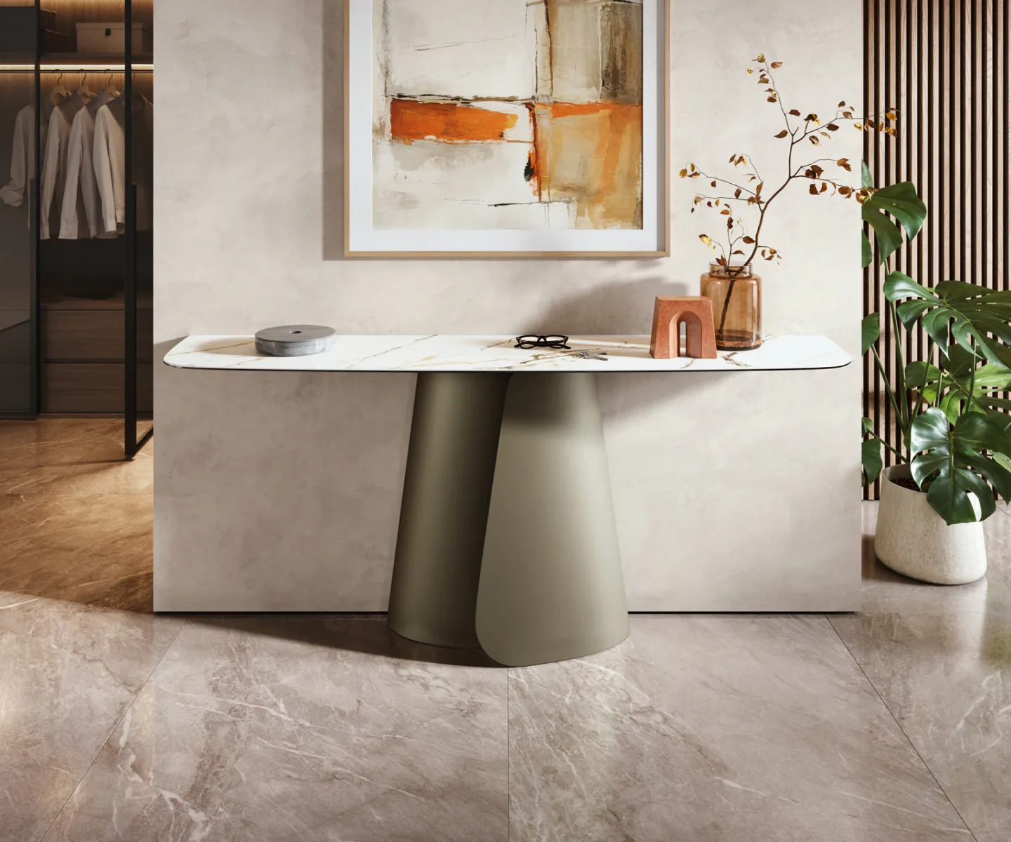 Konsolentisch Edge Boot 180x40 cm Keramik Calacatta Luxe Weiß-Gold-Grau Livos Metall Effektfinish Titan