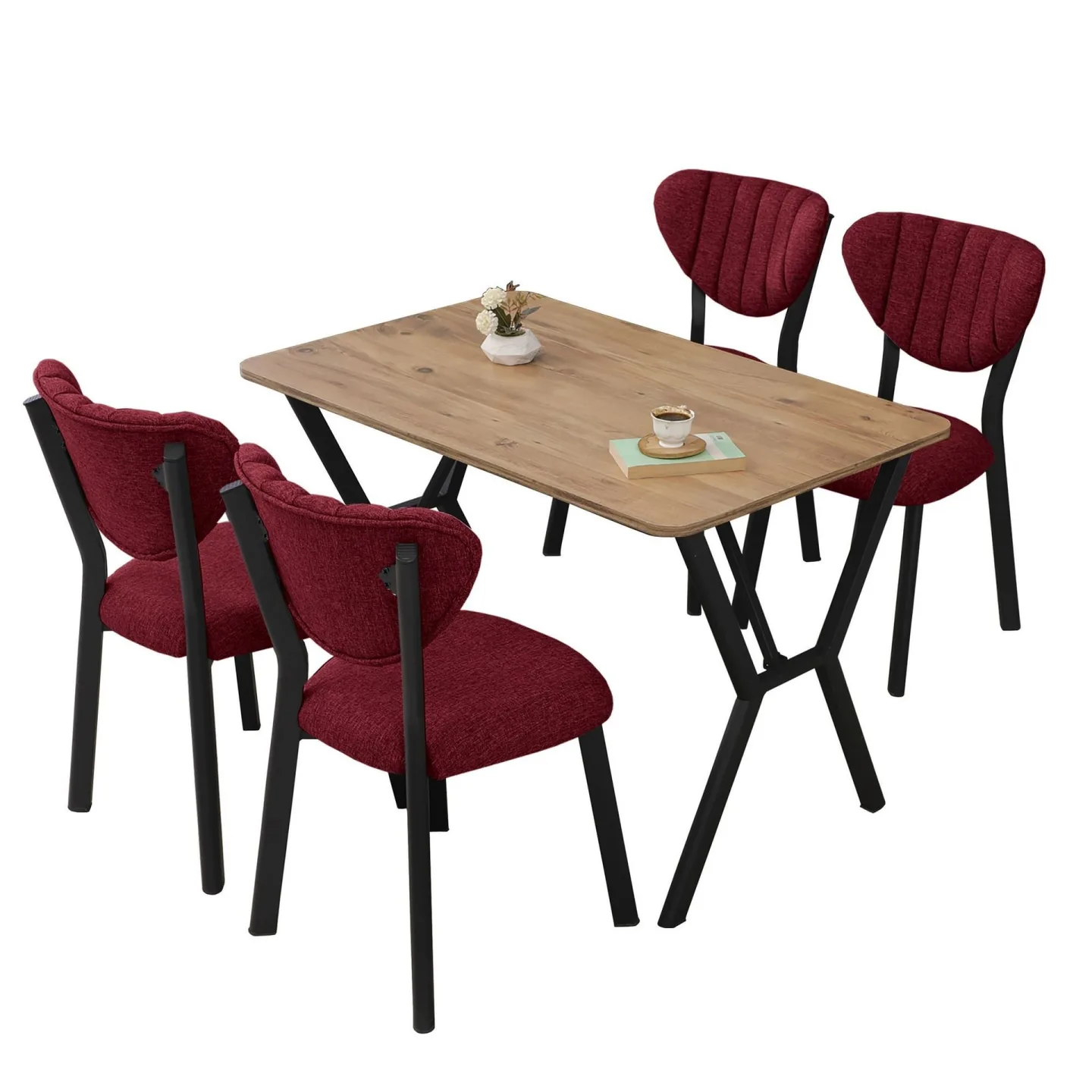 Krylor Matgrupp Bord 110 cm + 4 Stolar - Vinröd Och Valnöt
