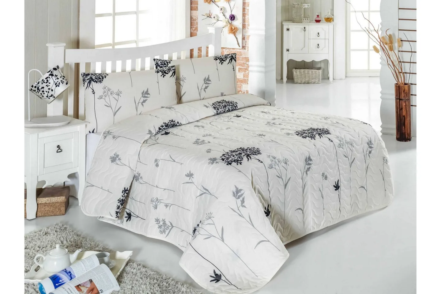 Eponj Home Överkast Enkelt 160x220+Kuddfodral Quiltat - Grå/Beige/Svart