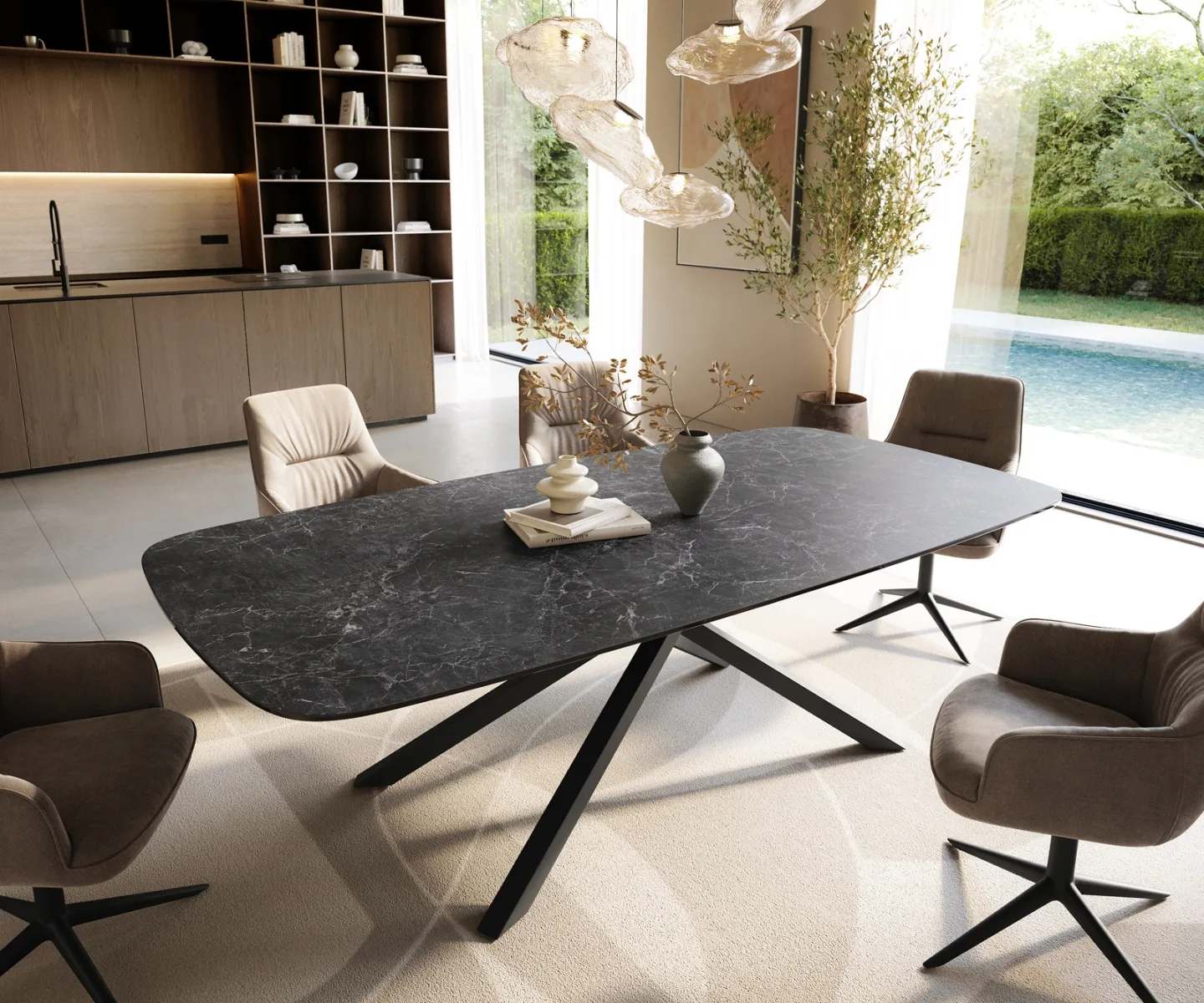 Esstisch Edge Boot 240x120 cm Keramik Laminam® Nero Greco Anthrazit Kreuzgestell Rechteck Schwarz
