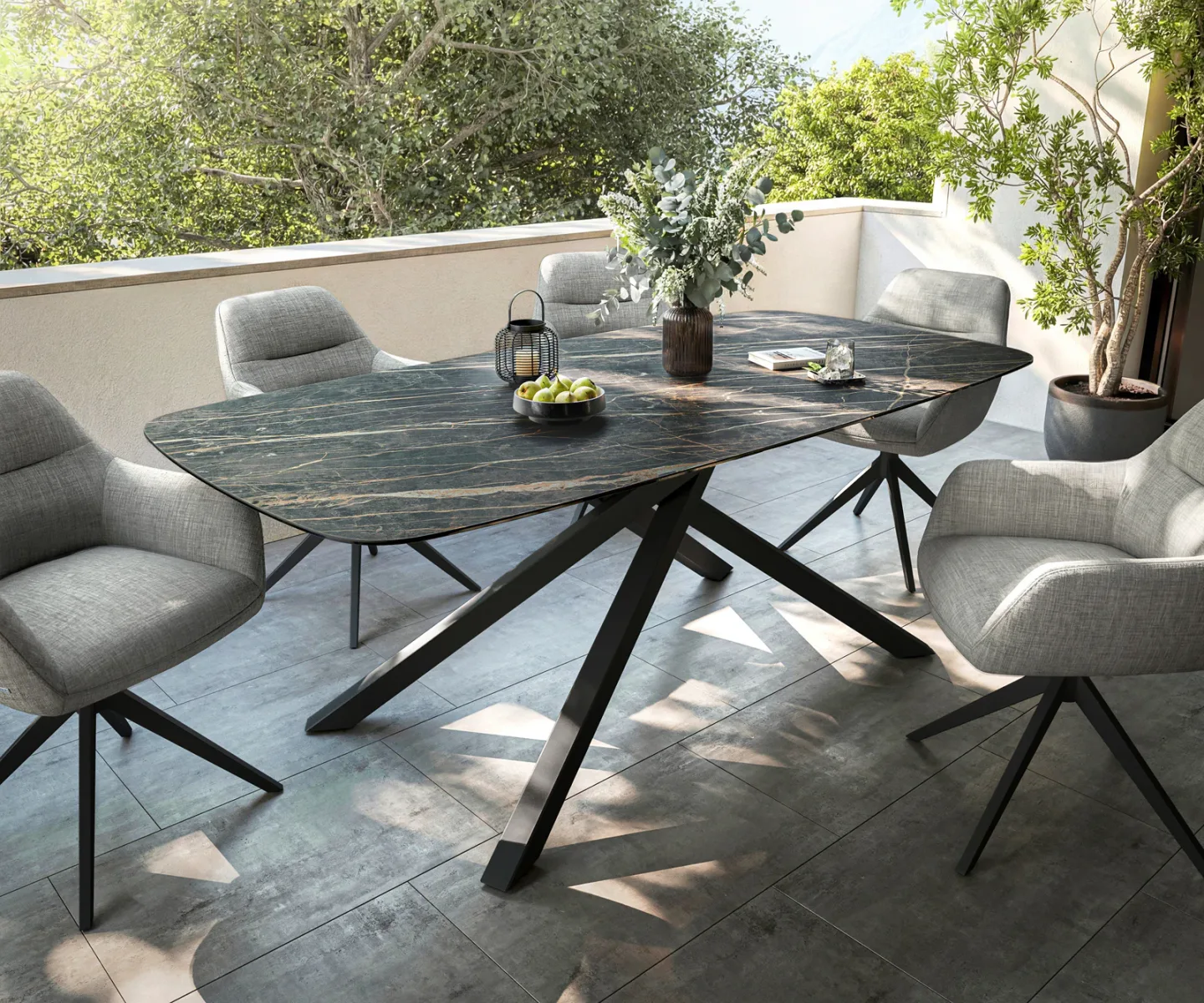 Outdoortisch Edge Boot 200x100 cm Keramik Laminam® Noir Desir Braun Kreuzgestell Rechteck Schwarz